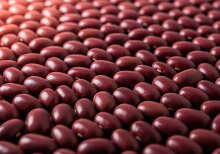 Detailed macro texture of dried red kidney beans arranged uniformly. the deep burgundy color and smooth surface highlight healthy eating and cooking concepts.の素材