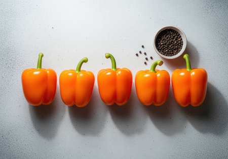 Five vibrant orange bell peppers are displayed in a neat row, accompanied by a small dish of whole black peppercorns, ideal for culinary themes.の素材