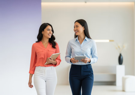 Two smiling professional women, diverse colleagues, walk through a bright, modern office space while holding digital tablets, suggesting collaboration and teamwork.の素材