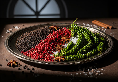 A dramatic still life featuring black, red, and fresh green peppercorns arranged on a silver tray, accented by star anise and coarse salt crystals.の素材