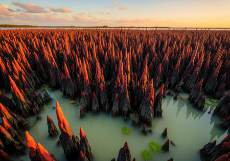 Pointed mangrove pneumatophores densely cover a shallow wetland, catching the intense orange light of the setting sun above the calm, murky water.の素材