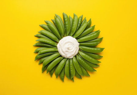 Overhead view of fresh, bright green sugar snap peas meticulously arranged in a circular pattern surrounding a swirl of white creamy dipping sauce. ideal for healthy eating concepts.の素材