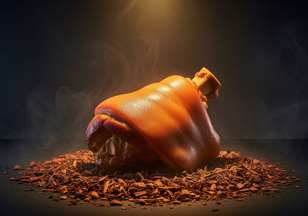 Deliciously smoked ham hock presented dramatically on wood chips under warm spotlight, perfect for food photography and restaurant menus.の素材
