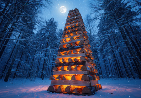 A towering structure of stacked firewood logs glows warmly in a dark, snowy winter forest. the dramatic scene is illuminated by the light of a bright full moon.の素材