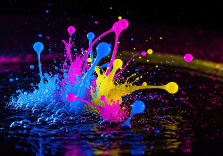 A dramatic, high speed macro shot capturing a vibrant liquid explosion featuring cyan, magenta, and yellow paint against a dark background. this abstract color burst conveys energy and creativity.の素材