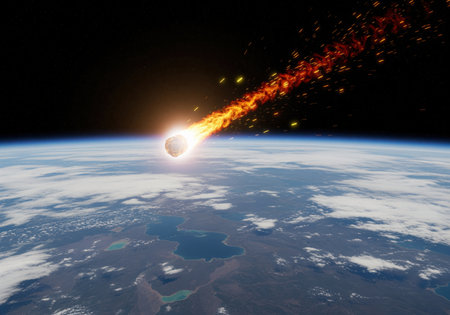 A large incandescent meteoroid is seen entering the earth atmosphere from space, creating a long, bright, burning trail of fire and sparks.の素材