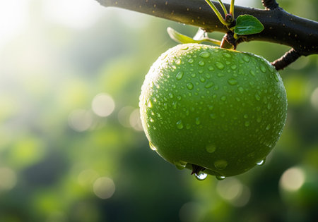 A vibrant green apple covered in glistening water droplets hangs from a branch. the fruit is illuminated by bright morning sunlight, emphasizing freshness and natural beauty.の素材