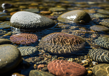 Detailed view of smooth, colorful river stones submerged in shallow, clear water. sunlight creates mesmerizing caustic patterns on the wet surfaces.の素材