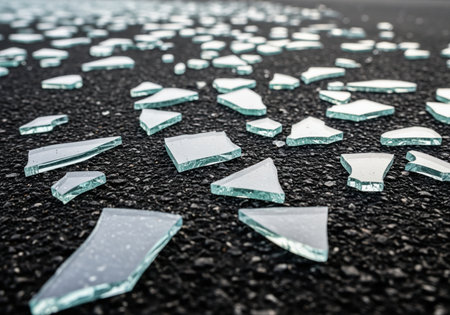 Close up view of numerous sharp, clear glass shards scattered across a rough, dark asphalt surface. this scene represents danger, damage, accident, or vandalism.の素材