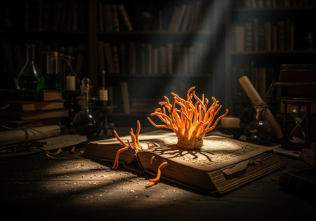 Bright cordyceps mushrooms grow out of an old, open book illuminated by a beam of light, suggesting ancient knowledge, herbal medicine, or magical research.の素材