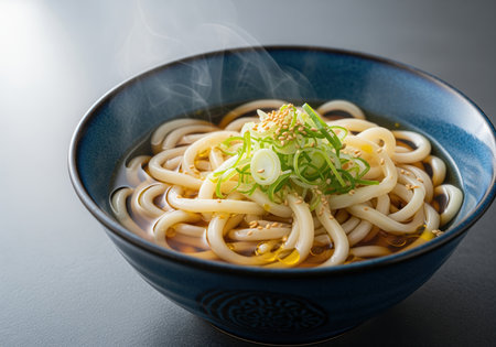 A close up shot of thick, hot japanese udon noodles served in a savory dashi broth, garnished with fresh sliced scallions and sesame seeds.の素材