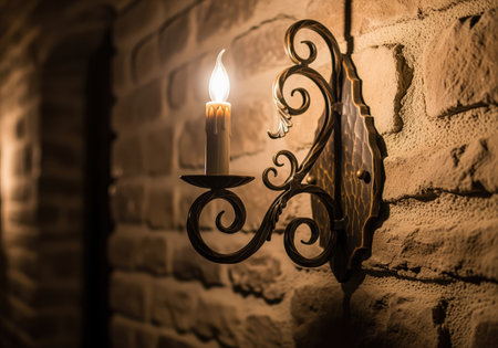 An ornate, vintage metal wall sconce with decorative scrolling holds a single electric candle, casting a warm, atmospheric glow in a dark setting.の素材