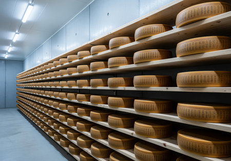 Hundreds of large, round hard cheese wheels are stored on long wooden shelves inside a modern, climate controlled aging facility for maturation.の素材