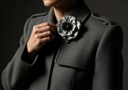 Detailed view of a stylish monochrome fabric flower accessory pinned on a structured gray wool coat, highlighting luxury fashion and texture.の素材