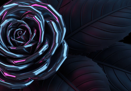 Close up view of a stylized metallic rose bloom and dark leaves, highlighted by vibrant magenta and cyan light, creating a dramatic, modern aesthetic.の素材