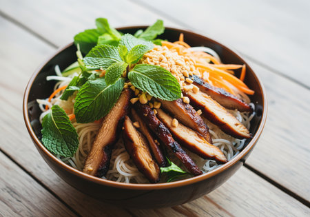 A vibrant bowl of vietnamese bÃºn, featuring rice vermicelli noodles, savory grilled meat slices, shredded vegetables, crushed peanuts, and fresh mint leaves.の素材