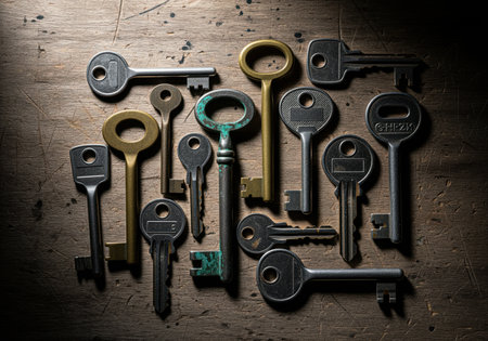 Diverse collection of vintage skeleton keys and modern metal keys dramatically arranged on a textured surface, suggesting mystery, security, and access.の素材