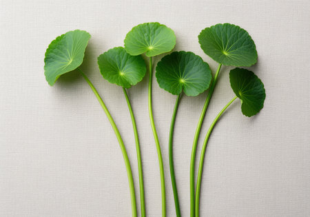Fresh, vibrant green centella asiatica gotu kola leaves with long stems, commonly utilized in traditional medicine, cosmetics, and wellness products.の素材