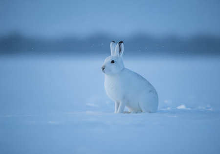A beautiful wild arctic hare sits alertly in the deep snow, showcasing its pure white winter coat against the cold blue twilight landscape.の素材