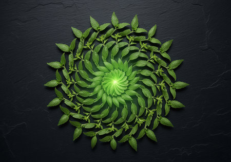 A mesmerizing overhead view of fresh green leaves meticulously arranged into a complex, spiraling mandala pattern, radiating energy from the bright center.の素材
