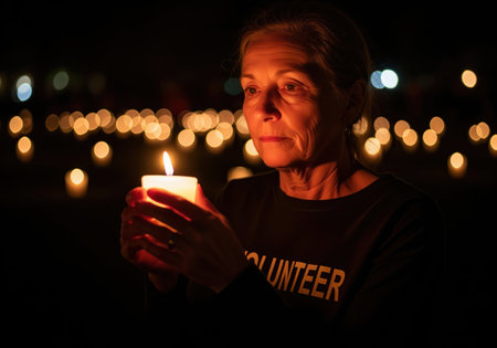 Mature woman volunteer holding a glowing candle during a dark, solemn nighttime vigil. the warm light illuminates her face, symbolizing hope, remembrance, and solidarity among the crowd.の素材
