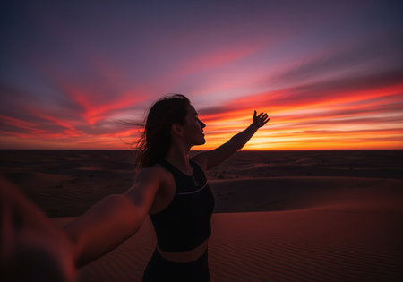 Woman taking a cinematic selfie, silhouetted against a dramatic, vibrant red and orange sunset over vast desert sand dunes. capturing freedom, travel, and adventure.の素材