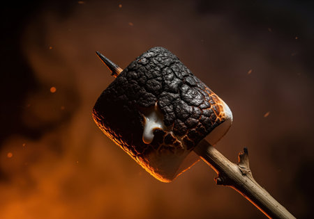 Charred marshmallow, blackened and crisp, skewered on a wooden stick. melted white sugar drips down the side, dramatically lit by warm campfire glow and sparks.の素材