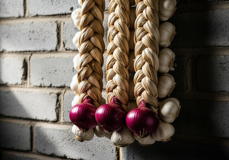 Braided strings of white garlic bulbs and vibrant red onions hanging against a textured gray brick wall. focus on rustic food, cooking, and ingredients.の素材