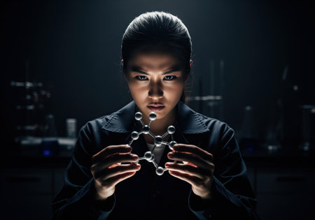Intense asian female scientist holding a complex chemical molecular model, illuminated by dramatic light in a dark laboratory setting. focus, research, and discovery concept.の素材