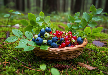Wild blueberries and bright red currants, still attached to leafy stems, gathered in a small wicker basket resting on vibrant green moss in a natural forest environment. focus on freshness and harvest.の素材