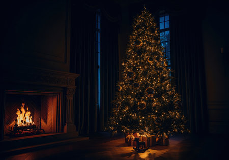 Traditional christmas tree decorated with golden string lights and ornaments standing next to a stone fireplace with a roaring fire. presents and a rocking horse are visible below the tree. cozy, dark interior scene celebrating winter holiday.の素材