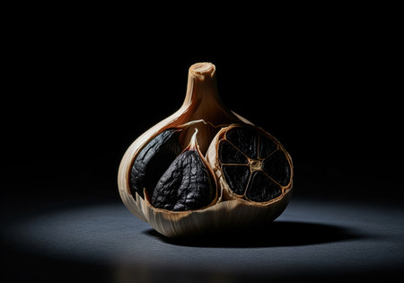 Black garlic bulb, cut open to display the dark, fermented cloves, presented in dramatic low key studio lighting. a unique gourmet food ingredient.の素材