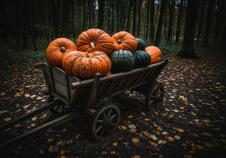 Large orange and dark green pumpkins piled high in a rustic wooden cart, set against a dark, atmospheric forest floor covered in autumn leaves.の素材