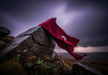 Tattered red fabric, possibly velvet, draped precariously over a large, dark, rugged rock formation on a windswept moor. the scene is set against a dramatic, stormy, purple and gray sky, conveying concepts of abandonment, struggle, and power.の素材