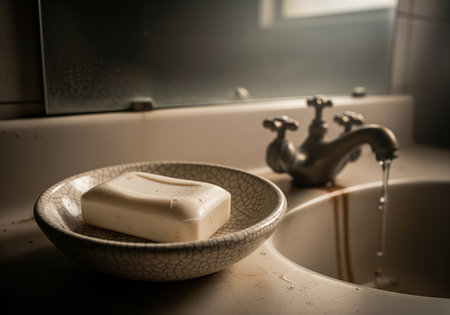 Old white soap bar resting in a cracked ceramic dish on a stained, vintage bathroom sink. a brass faucet drips water into the basin under dim, dramatic lighting, suggesting neglect or decay.の素材
