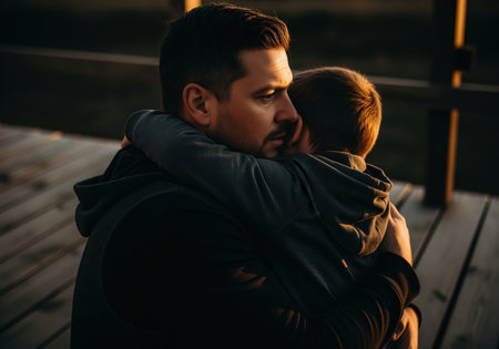 Man hugging a child tightly on a rustic wooden deck during golden hour. intimate moment of comfort, support, and strong family bond in moody light.の素材