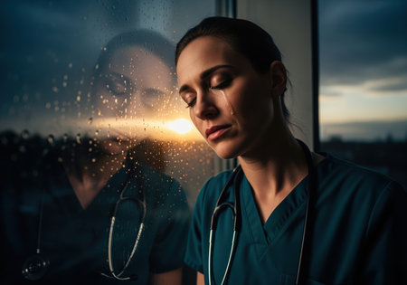 Stressed female doctor in scrubs crying, leaning against a rain streaked window during sunset. reflecting exhaustion, burnout, and the emotional toll of healthcare work.の素材