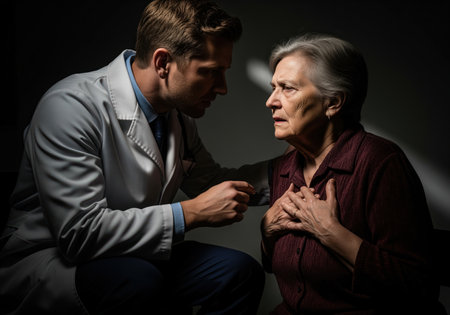 Doctor consulting with a senior woman clutching her chest, indicating severe pain or a heart issue. dramatic, high contrast lighting emphasizes the seriousness of the health crisis.の素材