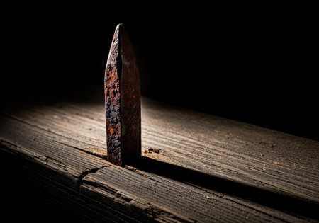 Massive, heavily rusted iron spike hammered vertically into a rough, dark wooden beam, dramatically lit against a black background. symbolizes strength, age, and historical construction.の素材