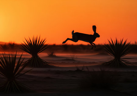 Jackrabbit captured mid jump, silhouetted against a vibrant, fiery orange sunset sky in a desert landscape. low angle view emphasizes the dramatic action and the spiky yucca plants in the foreground. wildlife, speed, and freedom concept.の素材