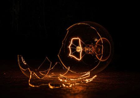 Broken incandescent light bulb lying on a dark surface, its shattered glass reflecting the faint orange glow of the still lit filament. symbolizes failure, destruction, or loss of idea.の素材