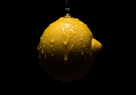 Vibrant yellow lemon fruit covered in glistening water droplets, captured in a dramatic studio setting against a pure black background. focus on freshness and hydration.の素材