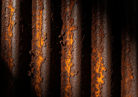 Heavily rusted and corroded corrugated metal texture featuring deep brown and vibrant orange decay. rough, oxidized material creates a dramatic industrial background.の素材