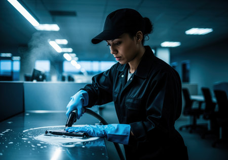 Professional cleaner woman wearing a uniform and blue gloves sanitizing a metallic surface with a steam device in a dark commercial setting. focus on hygiene, deep cleaning, and essential service work.の素材
