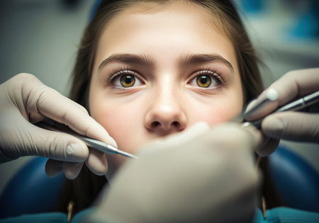 Close up on a young girl wide, apprehensive eyes while a dentist performs a checkup. gloved hands and metal dental instruments frame her face.の素材