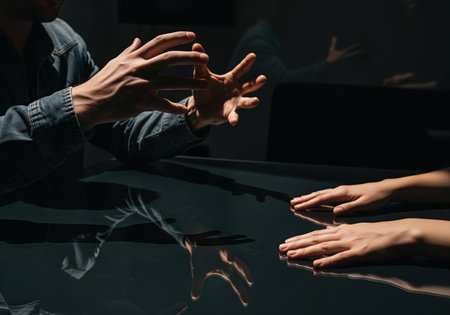Dramatic close up showing the gesticulating hands of a man arguing or explaining a point across a reflective dark table, contrasted by the calm hands of a woman. intense low key lighting emphasizes conflict, negotiation, and secrecy.の素材
