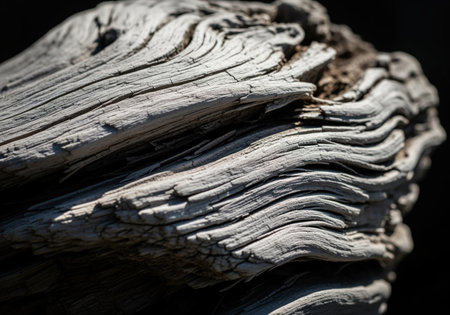 Weathered driftwood texture, bleached gray by sun and sea, featuring deep cracks, splintered surfaces, and intricate wavy grain patterns against a dark backdrop.の素材