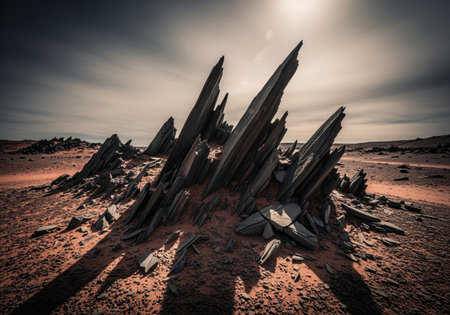 Jagged black rock formations, resembling spires or shards, dramatically rise from the dusty, reddish desert ground under a bright, harsh sun. geological and arid landscape.の素材