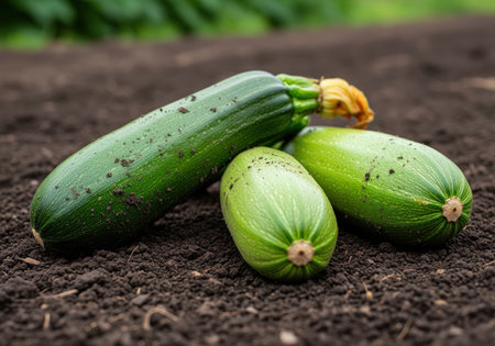 Fresh organic green zucchini squash, slightly covered in dirt, resting on dark fertile garden soil. harvest concept emphasizing healthy eating, gardening, and homegrown vegetables.の素材