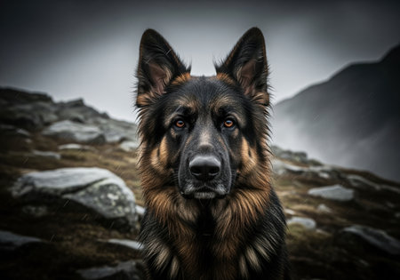 Powerful german shepherd dog close up portrait featuring intense, expressive eyes and dark fur. set against a dramatic, rugged mountain backdrop under an overcast sky, conveying loyalty and protection.の素材